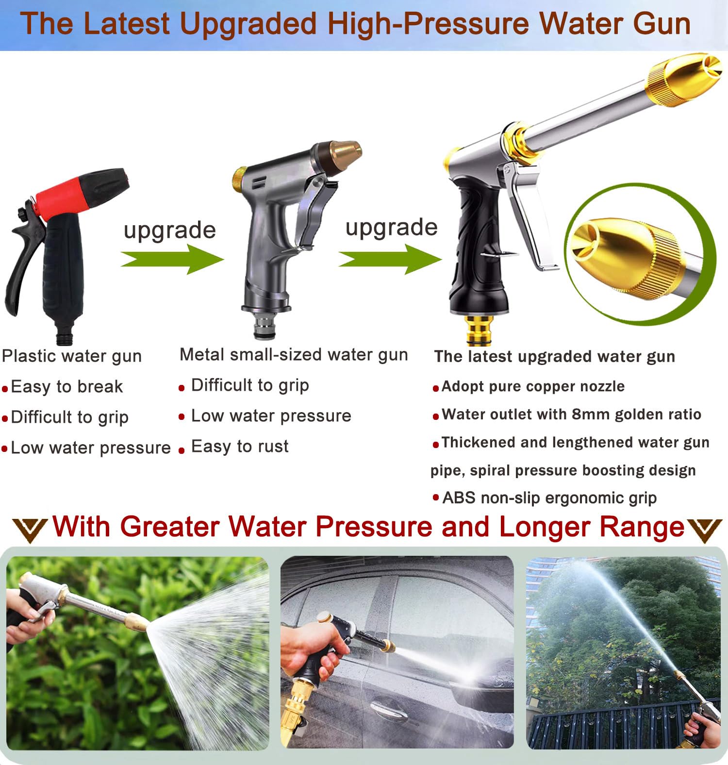 Upgrade Garden Hose Nozzle,100% Heavy Duty Metal Spray Gun With Full Brass Nozzle,High Pressure Water Hose Nozzle Sprayer Head,3/4" Quick Connectors,for Lawn & Garden,Washing Cars,Showering Dogs&Pets