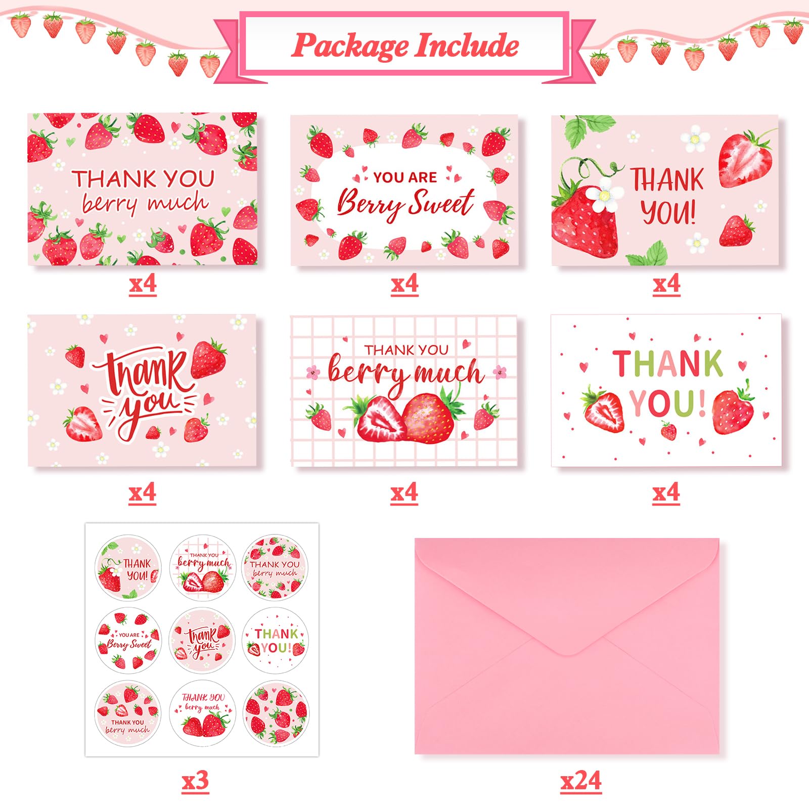 Konsait Strawberry Thank You Cards, 24 Pack Strawberry Theme Thank You Cards with Envelopes and Stickers, 6 Design Thank You Greeting Cards for Baby Shower Bridal Shower Wedding