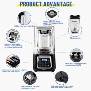 CRANDDI Smart Blender Digital Touch Screen with Removable Cover, 2200W Quiet Shield Blender, 52oz Commercial Blender with 4 Program for Juice, Smoothies, Frozen Drinks & More, K80TS, Black