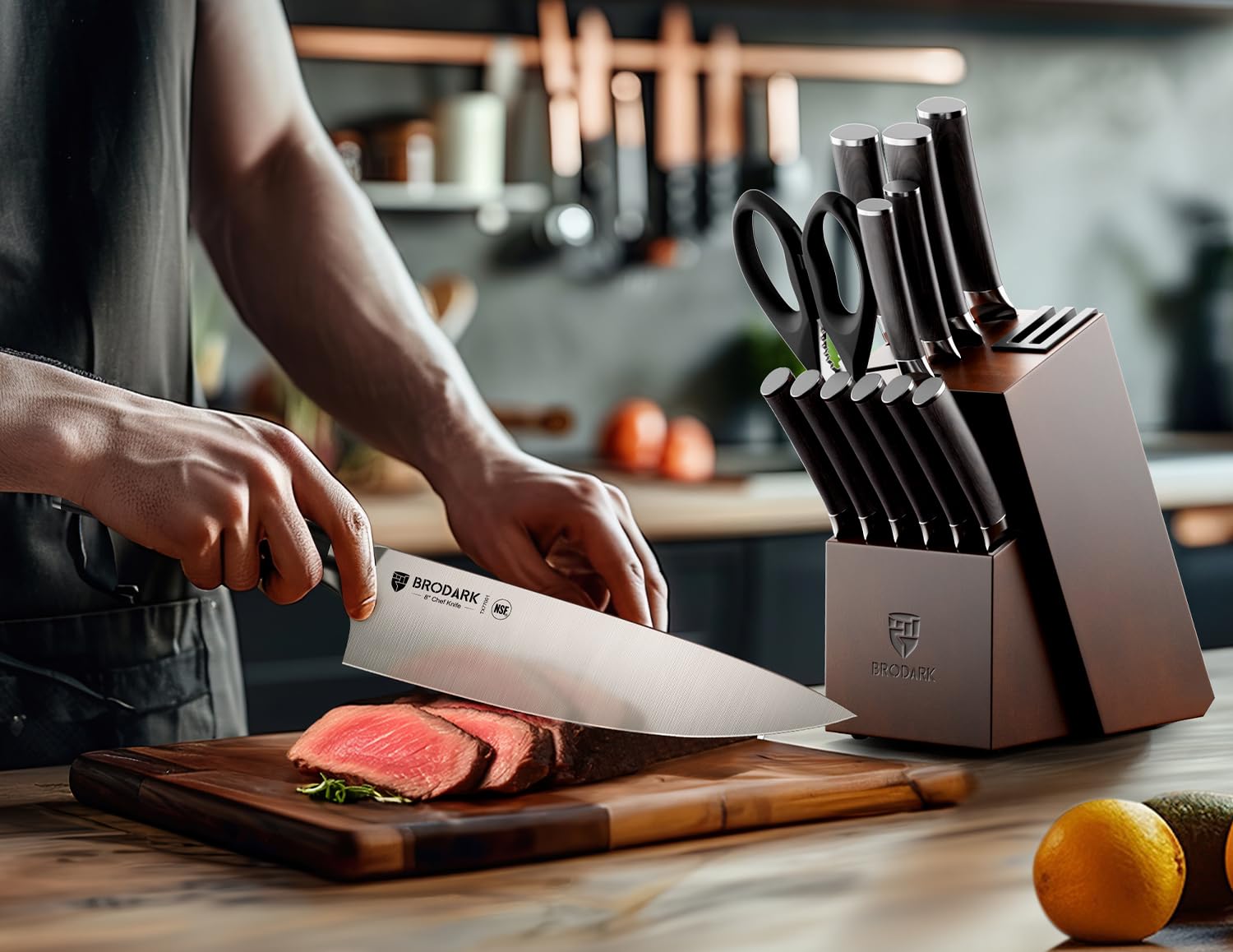 BRODARK Kitchen Knife Set, Ultra Sharp 15 Pcs Knife Set with Block, Full Tang Chef Knife Set, High Carbon Stainless Steel Knife Block Set with Sharpener, Wooden Handle