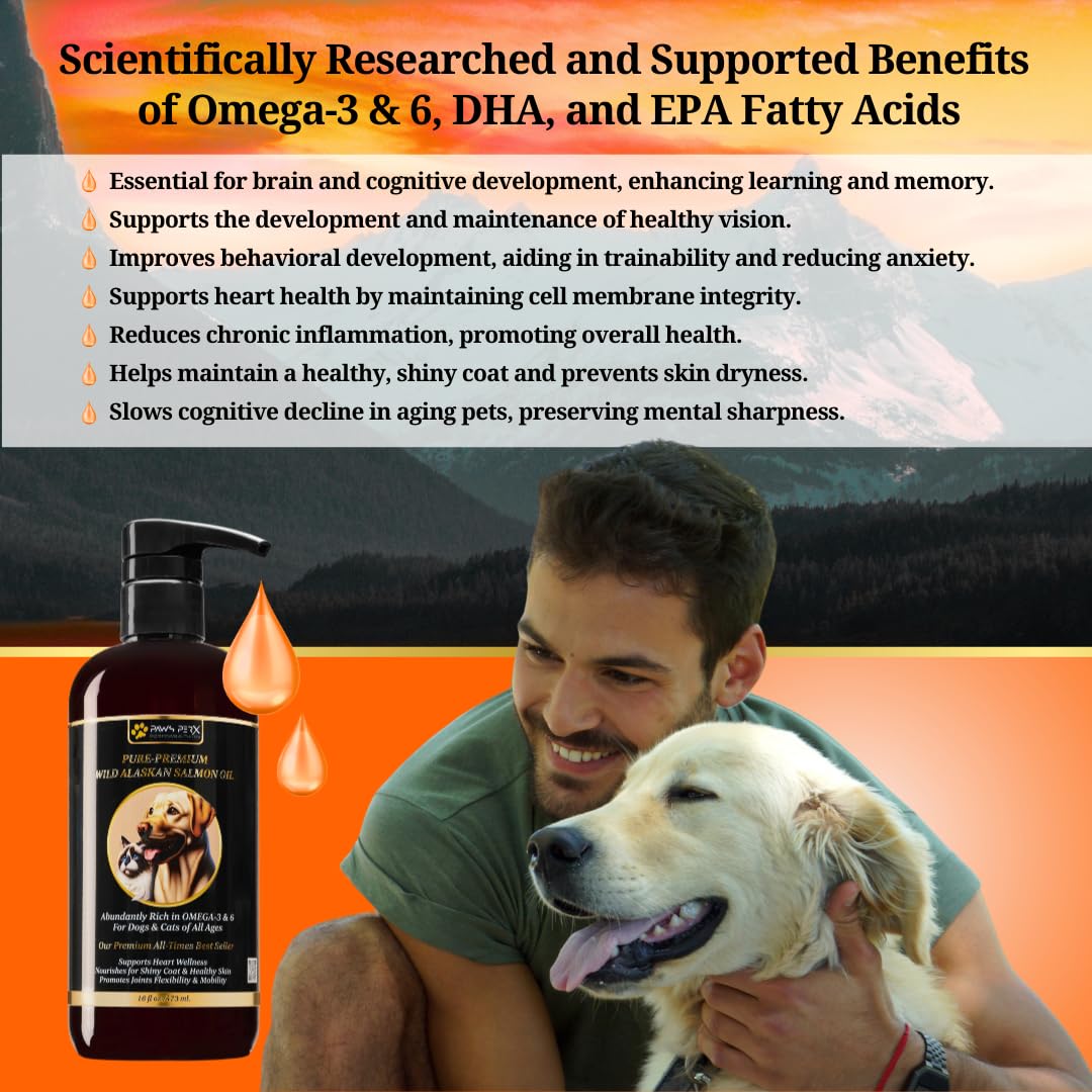 Paws PerX Premium-Pure Salmon Oil; Natural Caught Fish Oil for Dogs & Cats - Omega 3 Pet Supplement for Healthy Coat & Joints - Sustainably Sourced, Cold-Extracted, Human-Grade Quality 2x16 fl oz