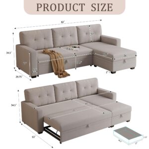 Acosure 82" Sectional Sleeper Sofa with Storage Chaise & Pull-Out Bed,L-Shape Convertible 3 Seater Couch W/Tufted Backrest,Reversible Sleeper for Living Room Apartment Office,Beige