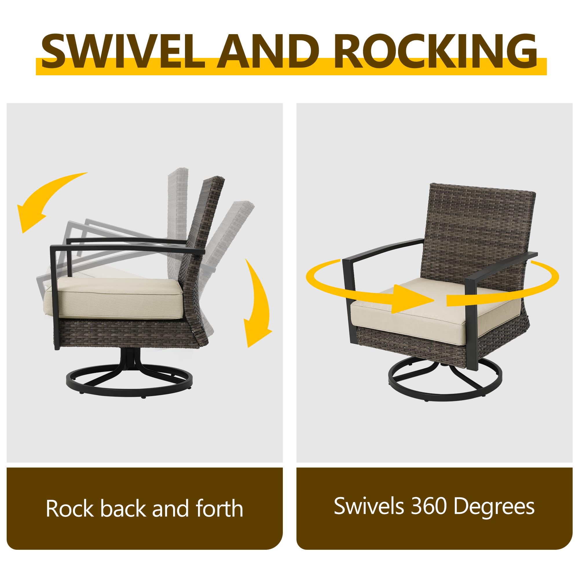 RoyalCraft Patio Swivel Dining Chairs with 360-Degree Rotating, All Weather Rattan Chairs with Water-Resistant Cushions & Metal Frame, Modern Outdoor Rocking Chair for Porch, Bistro, Balcony, Beige