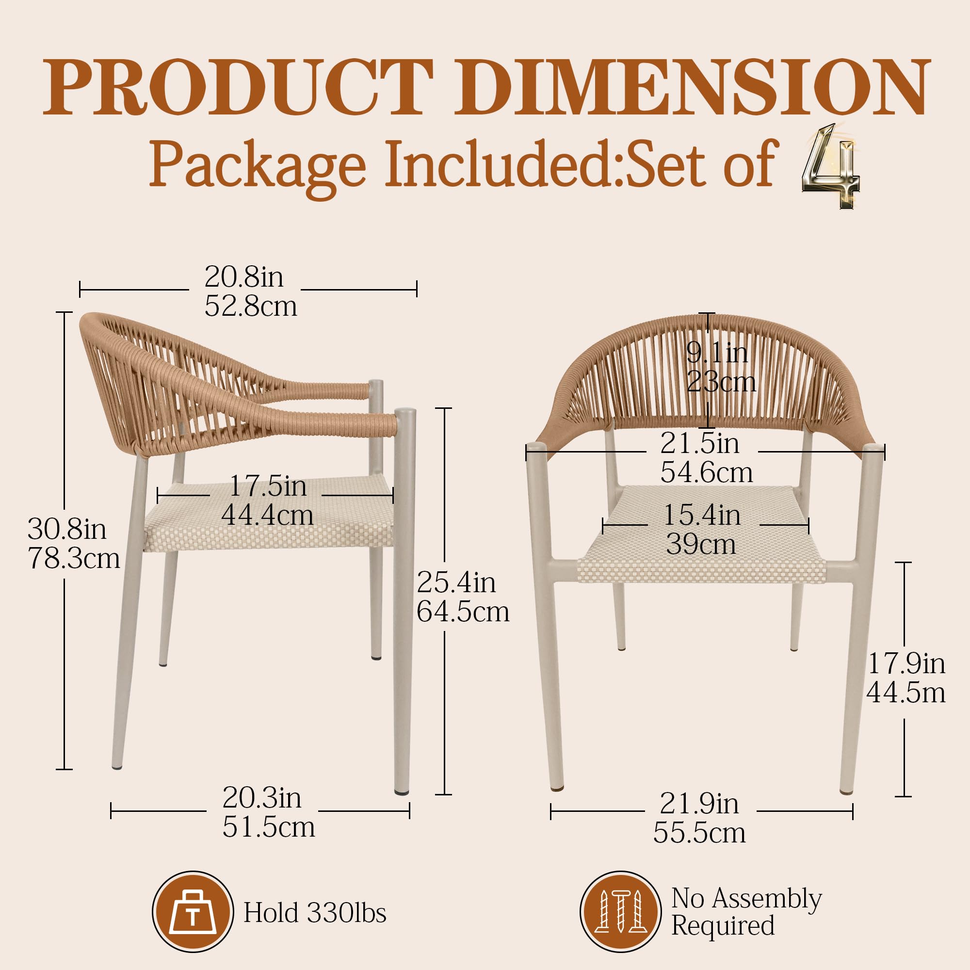 TWT Patio Chairs Set of 4 Outdoor Stackable Dining Chairs for All Weather, Breathable Textilene Garden Outdoor Furniture for Backyard Deck, Light Brown