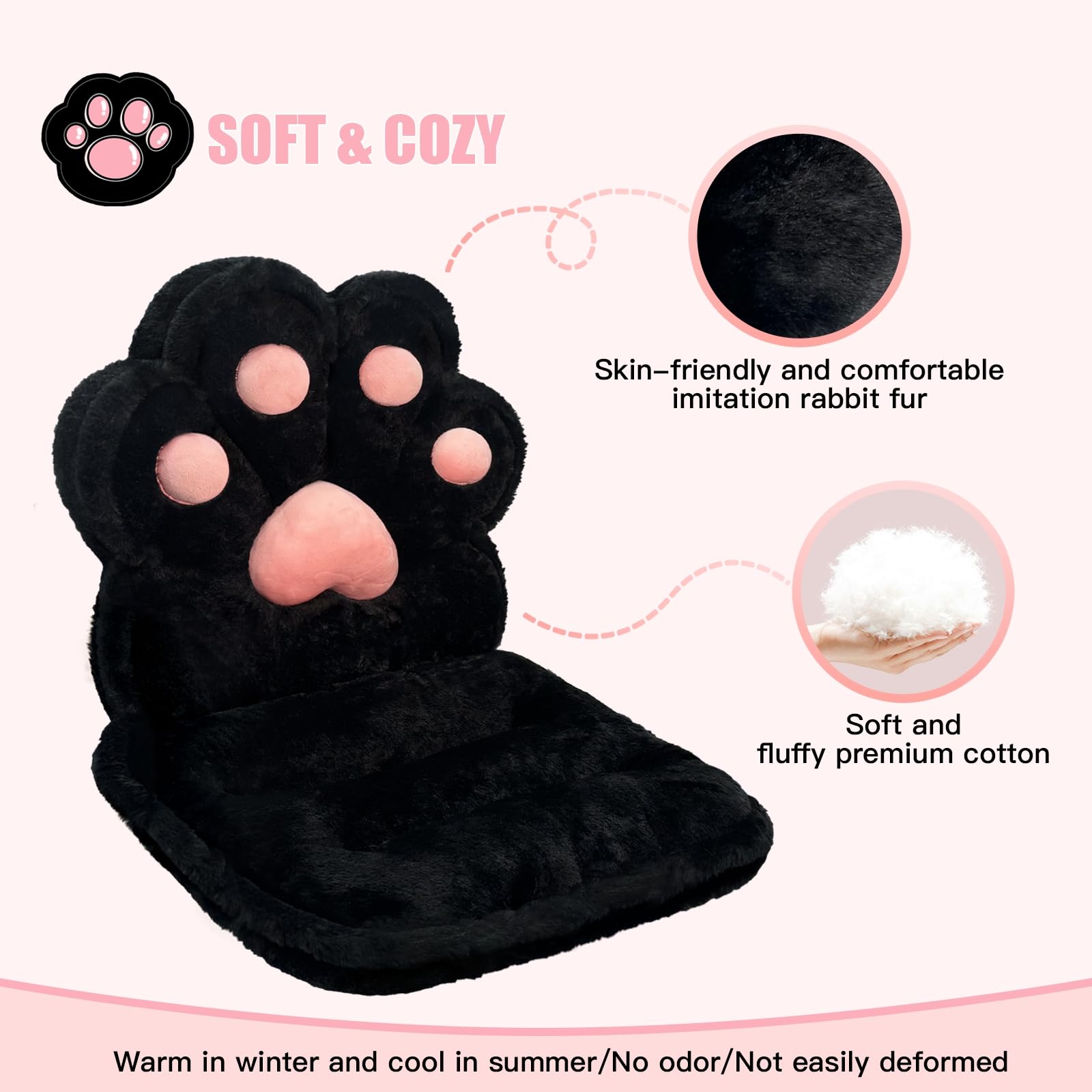 QIUODO L-Shape Cat Paw Cushion, Faux Rabbit Fur Gaming Chair Cushion Soft, Gaming Chair Pillow Kawaii Chair Cushions for Office Desk, Comfy Plush Seat Cushion for Room Decor（Black）