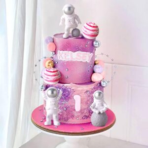 LaVenty Pink Space Cake Toppers Outer Space Astronaut Rocket Stars Cake Decorations for Birthday Party Supplies Baby Shower