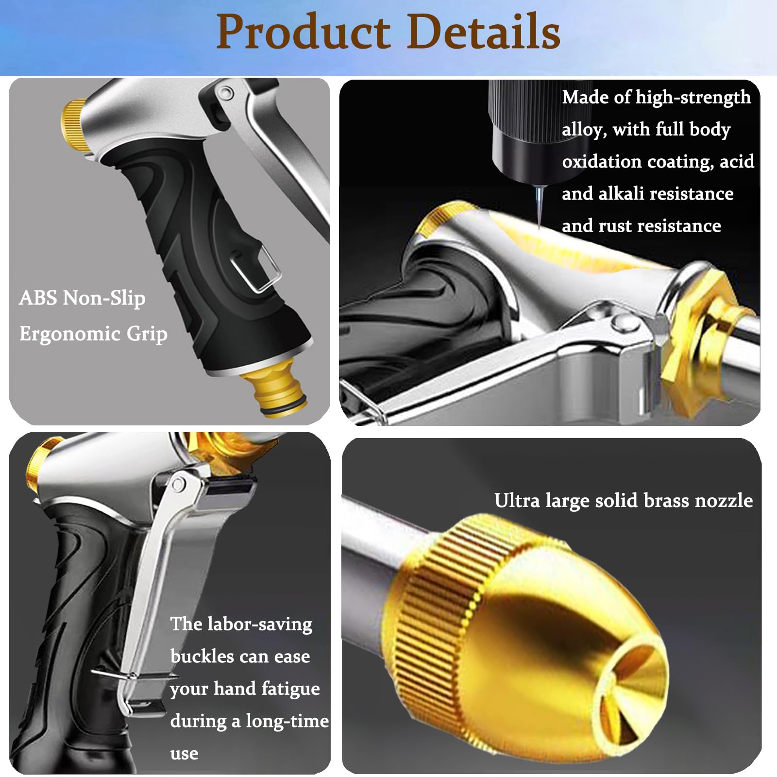 Upgrade Garden Hose Nozzle,100% Heavy Duty Metal Spray Gun With Full Brass Nozzle,High Pressure Water Hose Nozzle Sprayer Head,3/4" Quick Connectors,for Lawn & Garden,Washing Cars,Showering Dogs&Pets