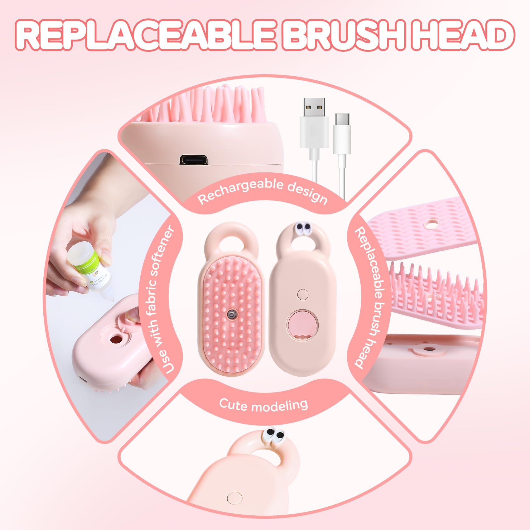 Cat Steam Brush, Pet Steam Brush, Spray Comb for Cats Massage Shedding,Water Brush for Dogs/Cats Steaming Cat Grooming Brush for Removing Tangled and Loose Hair Steam Brush for Cats (Pink)