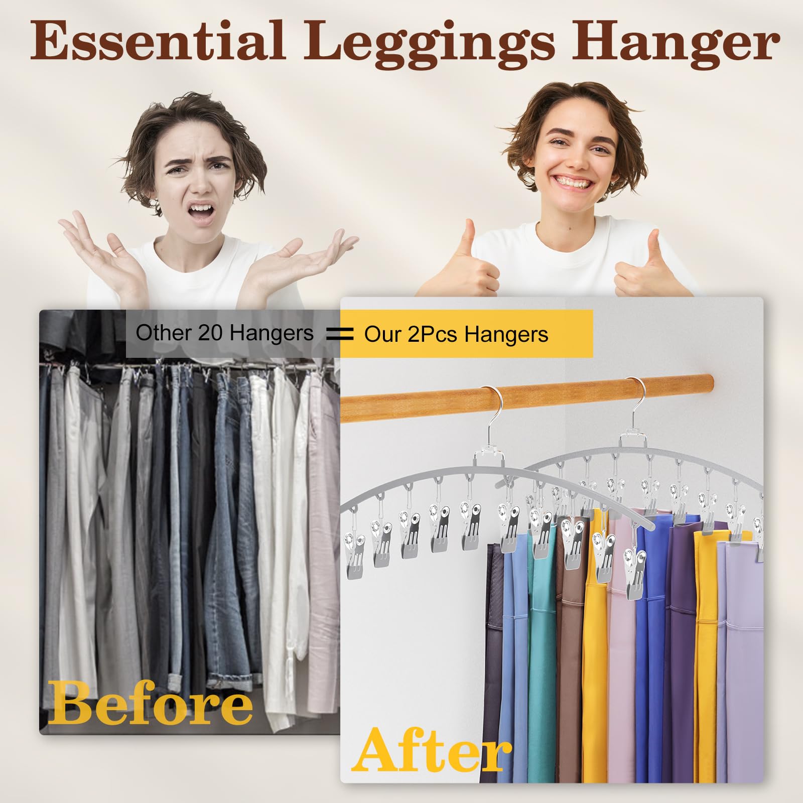 2 Pack Legging Organizer for Closet, Ginyoyo Metal Gym Clothes Organizer w/20 Clips Holds 20 Leggings, Hangers Space Saving, Closet Organizers and Storage, Room Organization Essentials, Grey