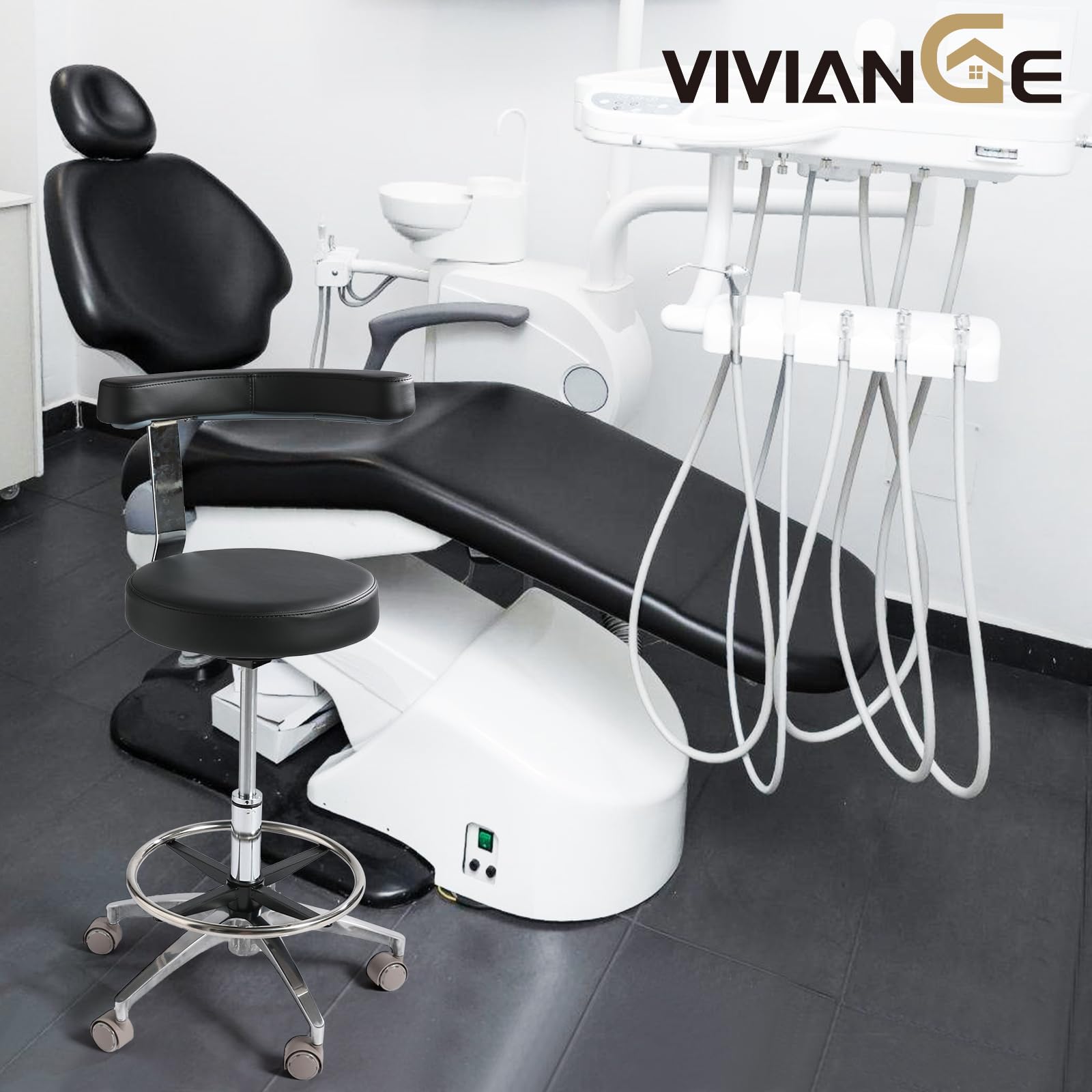 Viviange Adjustable Ergonomic Dental Stool with Back Support - Rolling Dentist Chair for Hygienists, Assistants, and Medical Professionals - Black