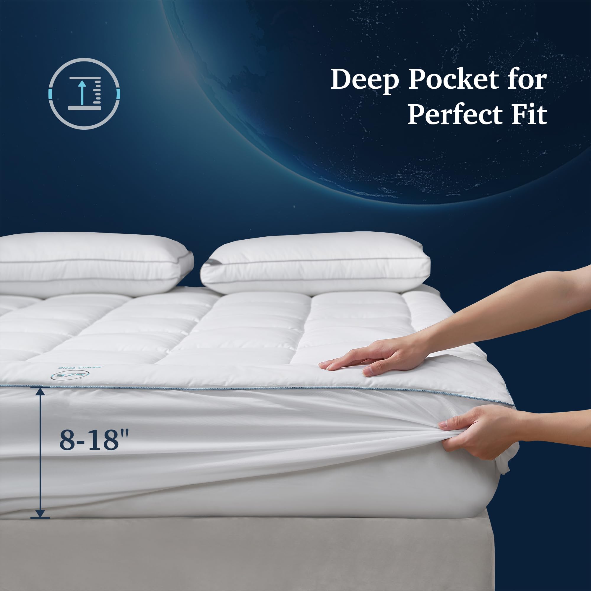 Sleep Climate Temperature Regulating Pillow Top Mattress Topper Featuring with 37.5® Technology Queen - 300 Thread Count Cotton Blend Cover Quilted Fitted Mattress Protector with 8-18" Deep Pocket