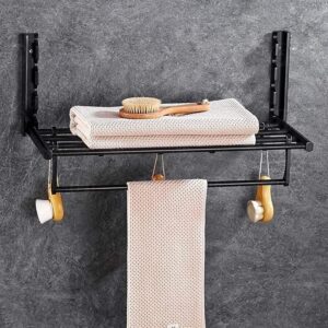 YOtat Bathroom Towel Rack Towel Bar Foldable Bath Towel Rack with Hooks Wall-Mounted Towel Holder Hotel Rail Shelf Bathroom Kitchen Storage Rack Holder Towel Holder Towel Rail, 57cm, Schwarz