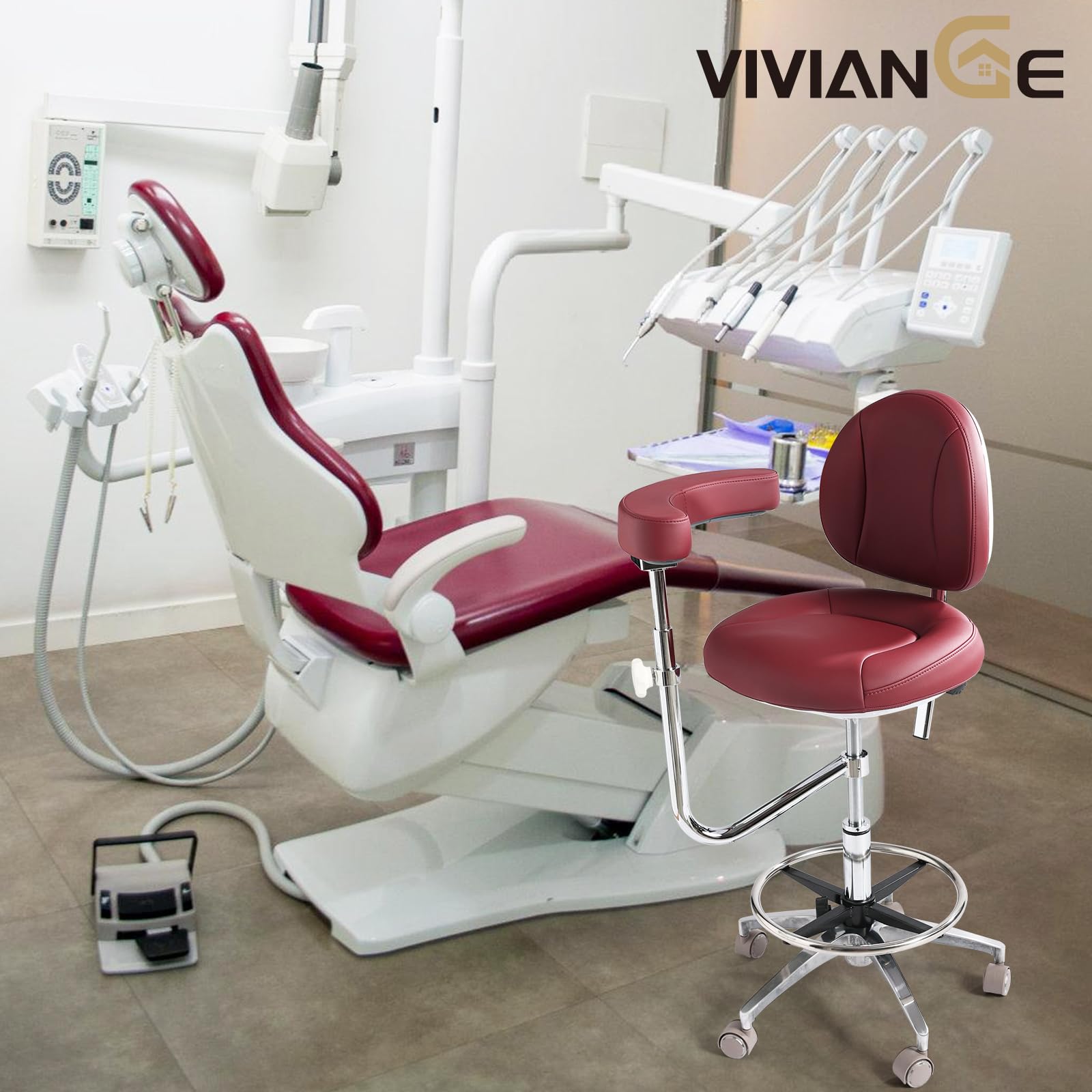 Viviange Ergonomic Dental Saddle Stool - Adjustable Rolling Dentist Chair with Back Support for Hygienists, Assistants - Medical Office & Salon Use -Red