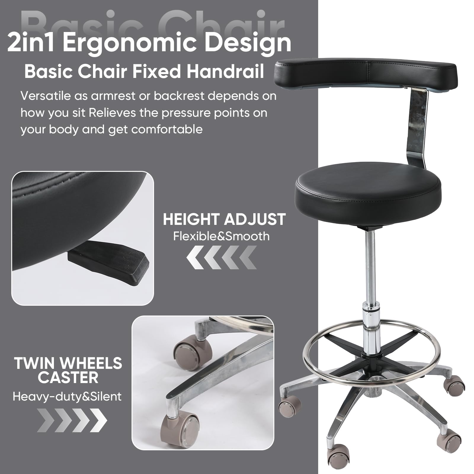 Viviange Adjustable Ergonomic Dental Stool with Back Support - Rolling Dentist Chair for Hygienists, Assistants, and Medical Professionals - Black