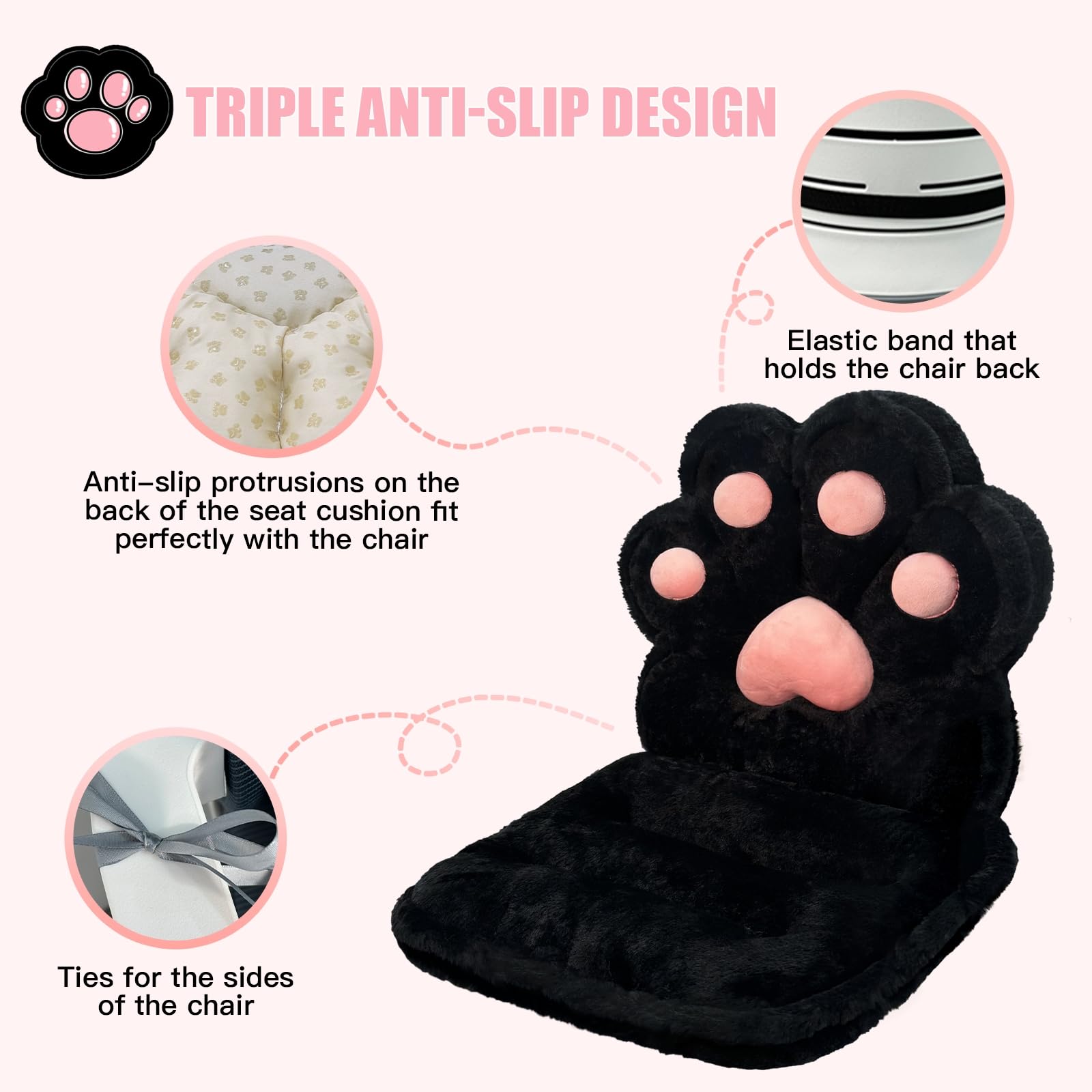 QIUODO L-Shape Cat Paw Cushion, Faux Rabbit Fur Gaming Chair Cushion Soft, Gaming Chair Pillow Kawaii Chair Cushions for Office Desk, Comfy Plush Seat Cushion for Room Decor（Black）