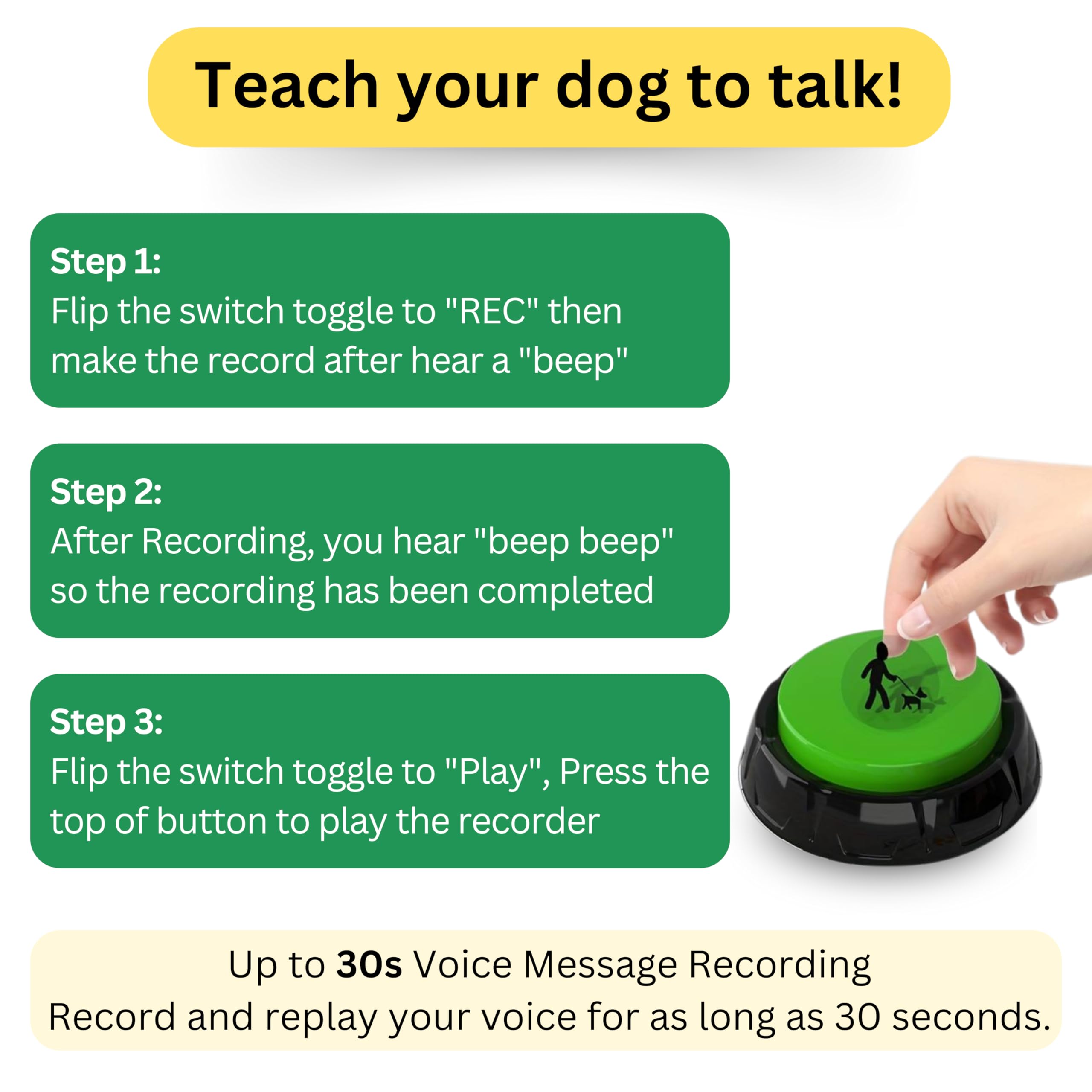 MAGICURA-Premium Pack of Voice Recording Button,Dog Buttons for Communication Pet Training Buzzer,30 Second Record&Playback,Voice Recording Clicker for Cat, Puppy,Funny Gift for Study Office Home 4Pcs