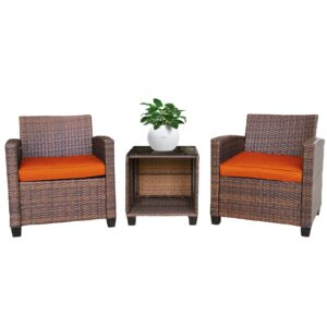 xzhqhb patio furniture set of 3 wicker sofa set with soft cushion bistro conversation set porch outdoor pe rattan garden chairs sets with tempered glass top coffee table, brown and orange