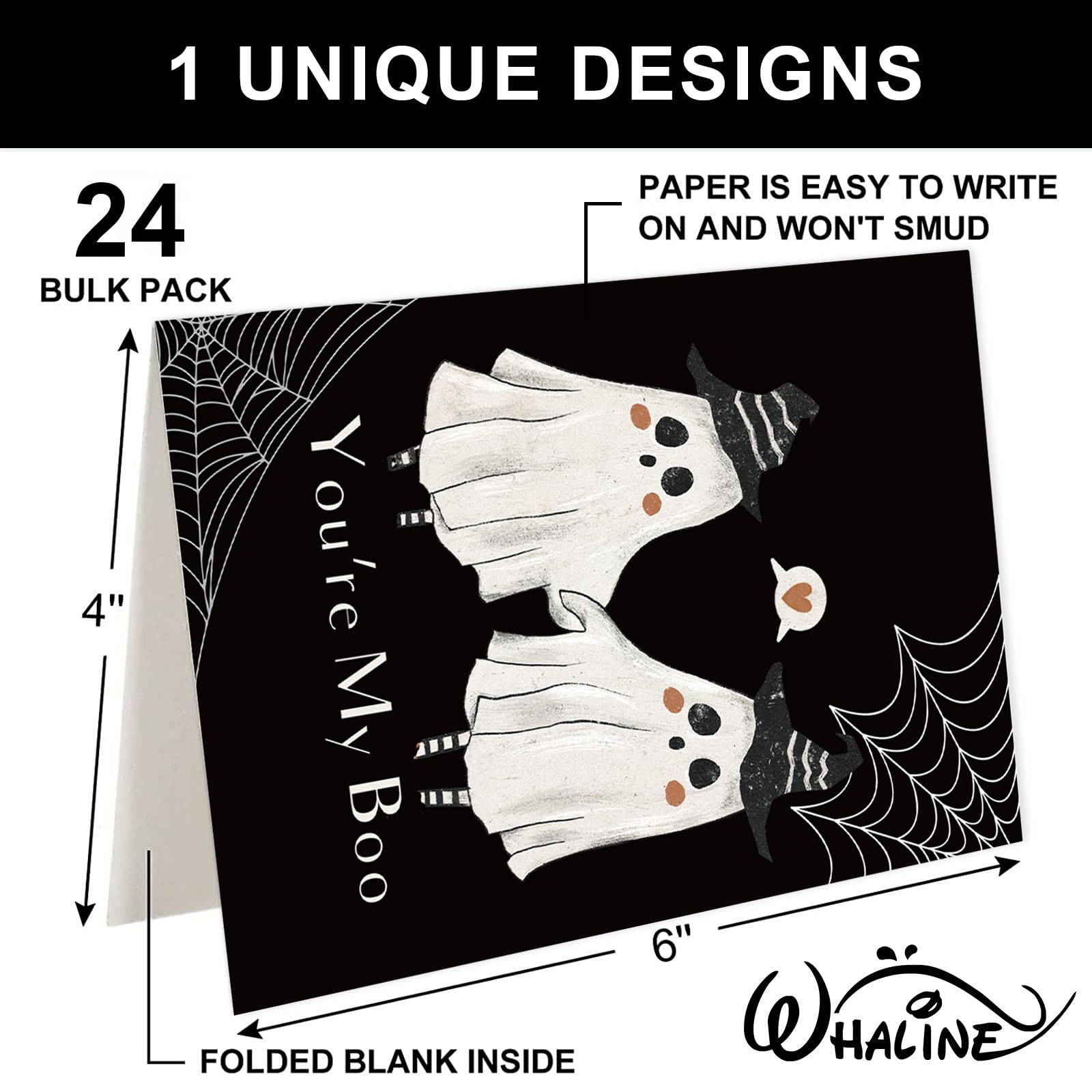 Whaline 24 Pack Halloween Greeting Cards with Envelopes Stickers Ghost You're My Boo Funny Cards Blank Thank You Note Cards for Birthday Anniversary Valentine's Day