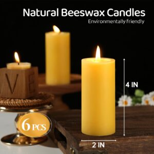 6 Pack Natural Beeswax Pillar Candles,100% Pure Beeswax Candles-210 Hours Long Burning,Organic Bees Wax Candles for Home,Paryer,Parties,Unscented Dripless Smokeless Beeswax Candles Bulk 2x4in