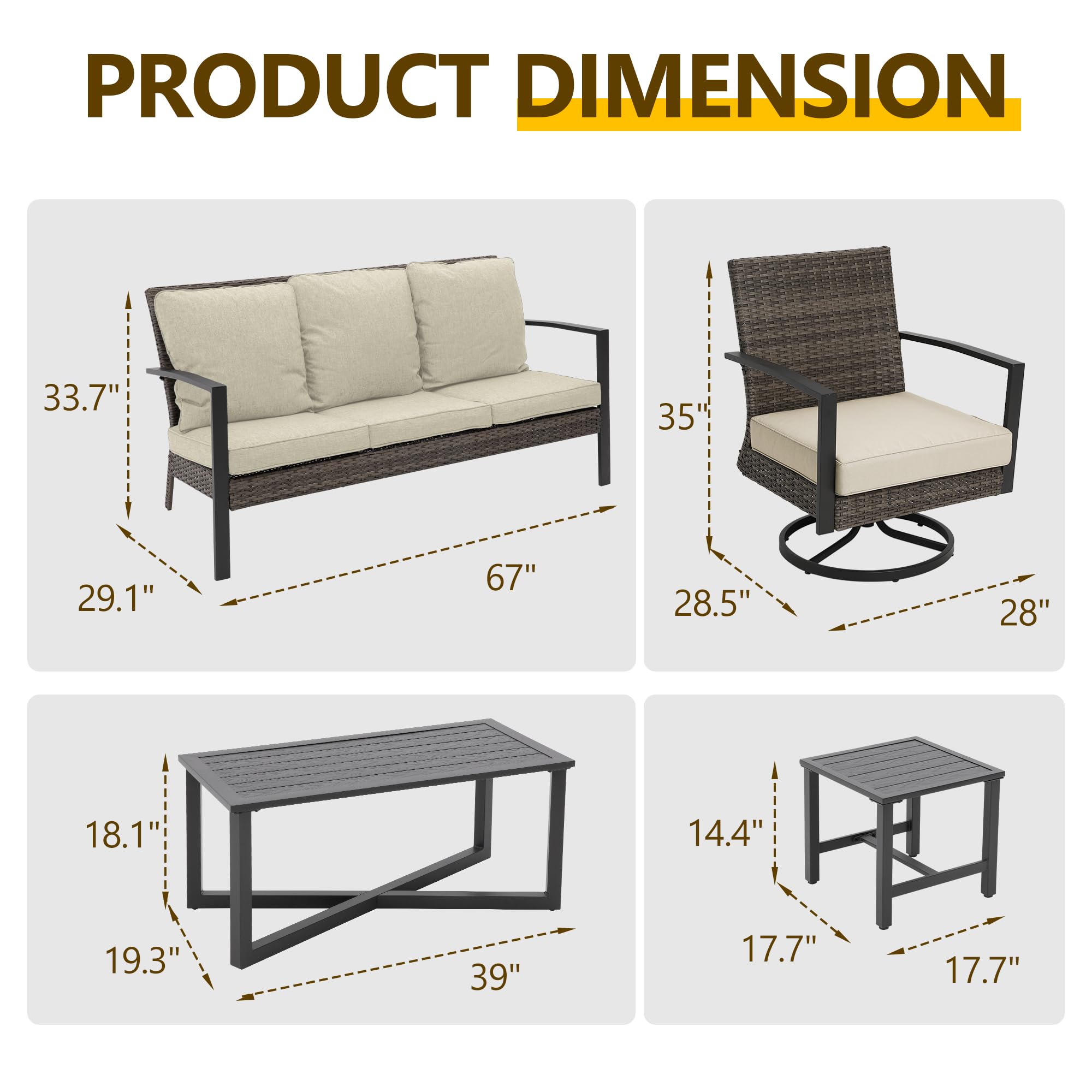 RoyalCraft 7PCS Rattan Patio Conversation Set with Swivel Chair and Coffee Table, All Weather Outdoor Sofa with Removable Cushions & Metal Frame, Rocking Chairs for Lawn Garden Backyard, Beige