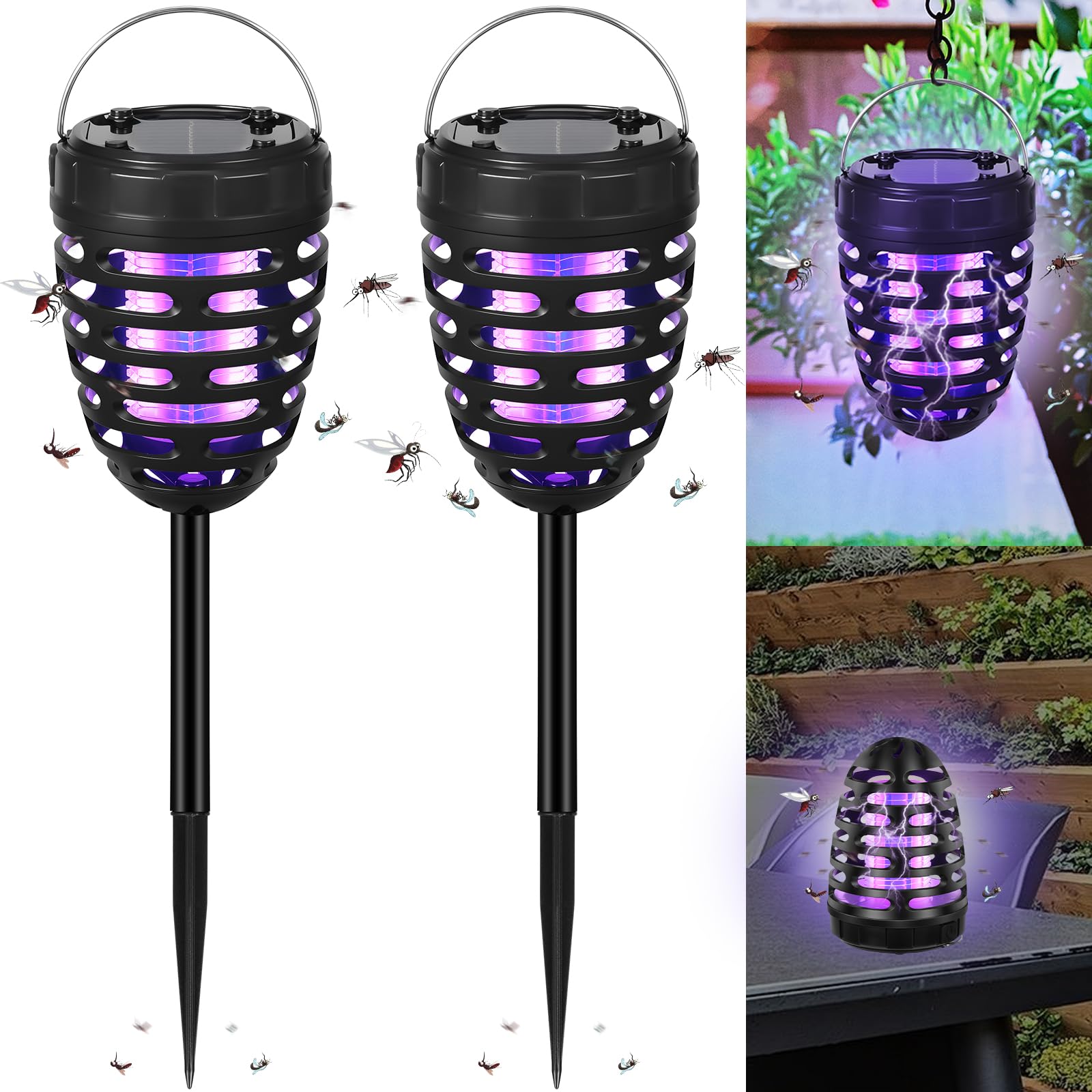 2 Packs Upgraded Solar Bug Zapper Outdoor Waterproof Mosquito Zapper Outdoor Mosquito Trap Bug Lights Mosquito Repellent for Outdoor Use Patio Garden Pathway