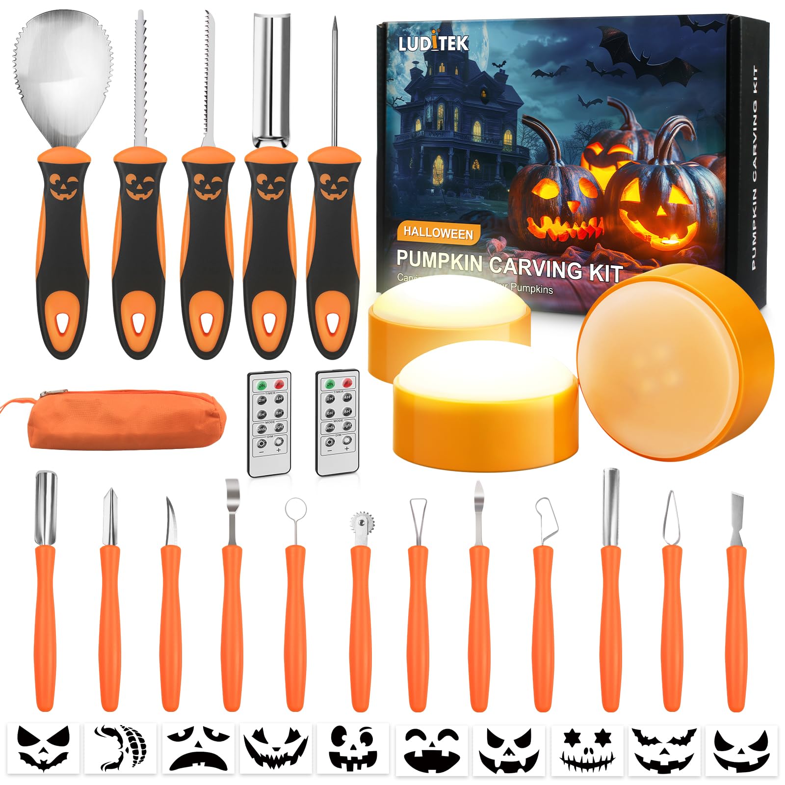 Luditek Pumpkin Carving Kit, 17 PCS Professional Stainless Steel Pumpkin Carving Tools with 3 Electronic Candles Lights and 10 Stencils, Jack-O-Lanterns Cutting Halloween Gifts for Adults