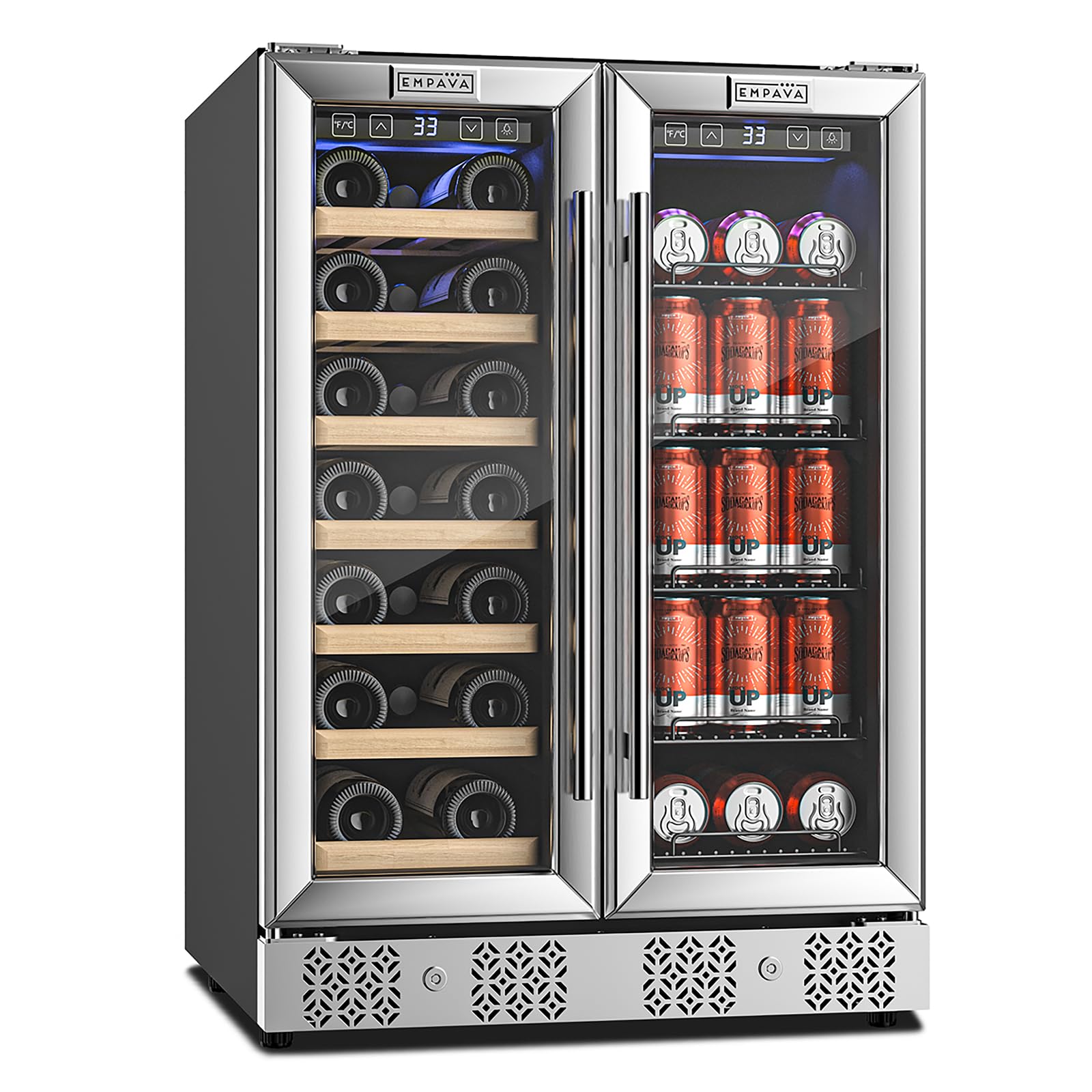 Empava Wine and Beverage Refrigerator Cooler Dual Zone 24 inch, Built-in Counter or Freestanding Fridge with Glass Door and LED Light, 96 Cans and 33 Bottles Capacity, Silver