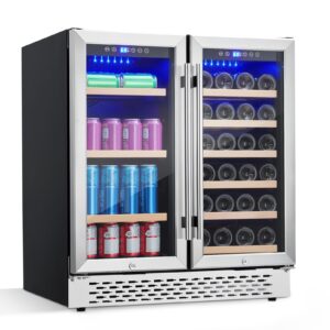 garvee wine fridge, wine cooler dual zone, wine and beverage refrigerator 28 bottles and 80 cans with glass door, adjustable shelves, digital temperature control, freestanding/built-in