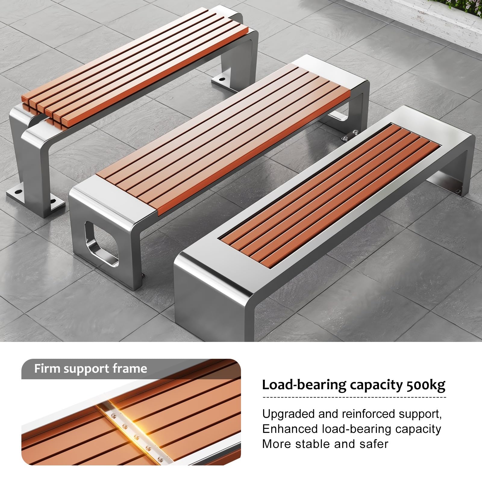 Outdoor Bench, Stainless Steel Frame 3-Person Patio Garden Bench with Anti-Rust, Porch Bench Furniture Memorial Benches for Outdoors Park, Lawn, Deck Weathered 500LBS Weight Capacity(Size:1.8m-B)