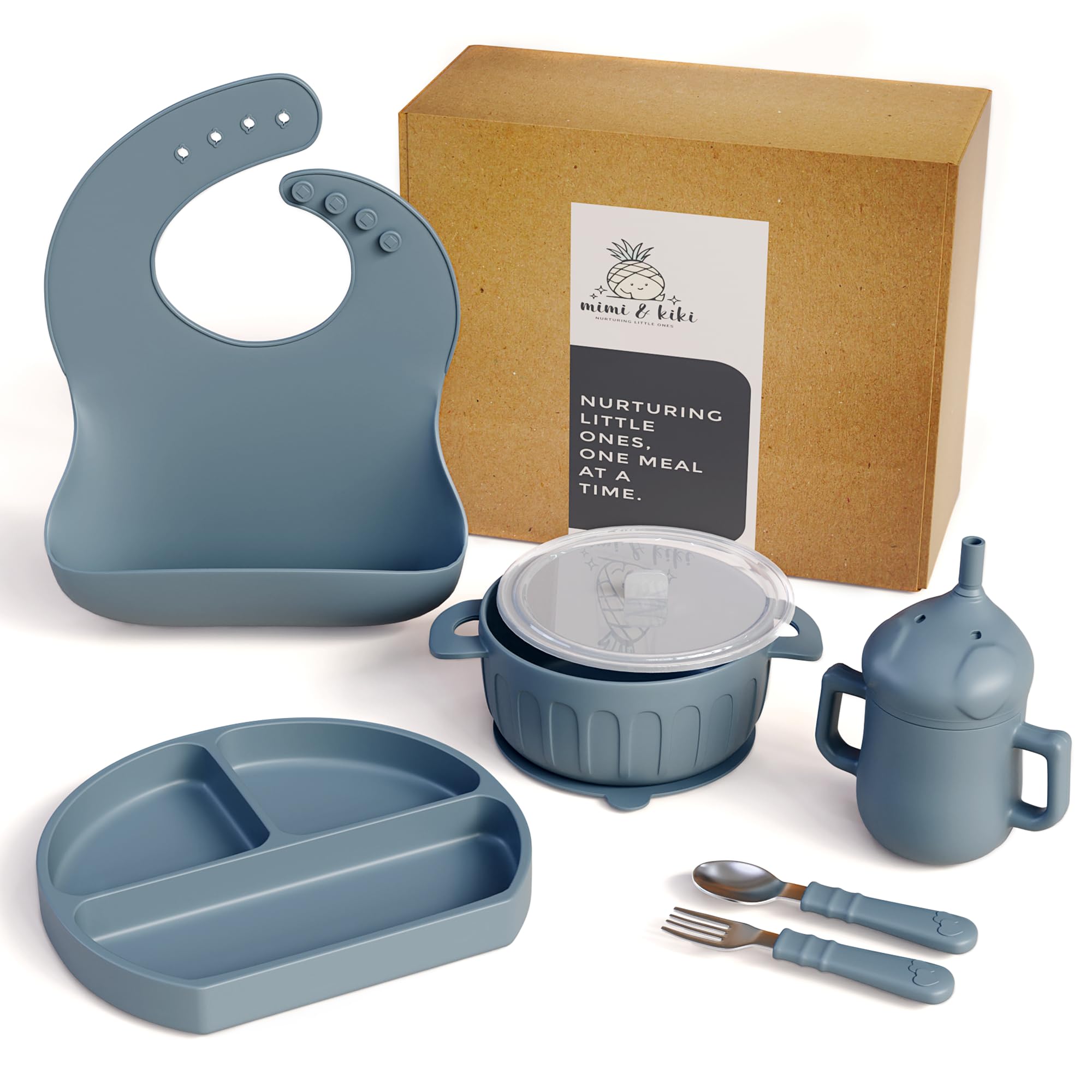 mimi & kiki BPA-Free Silicone Baby Feeding Set, Baby Plates and Bowls Set, Baby Led Weaning Supplies, Silicone Suction Plate, Baby Utensils, Bib and Cup, Self Feeding, Dishwasher Safe (Blue)