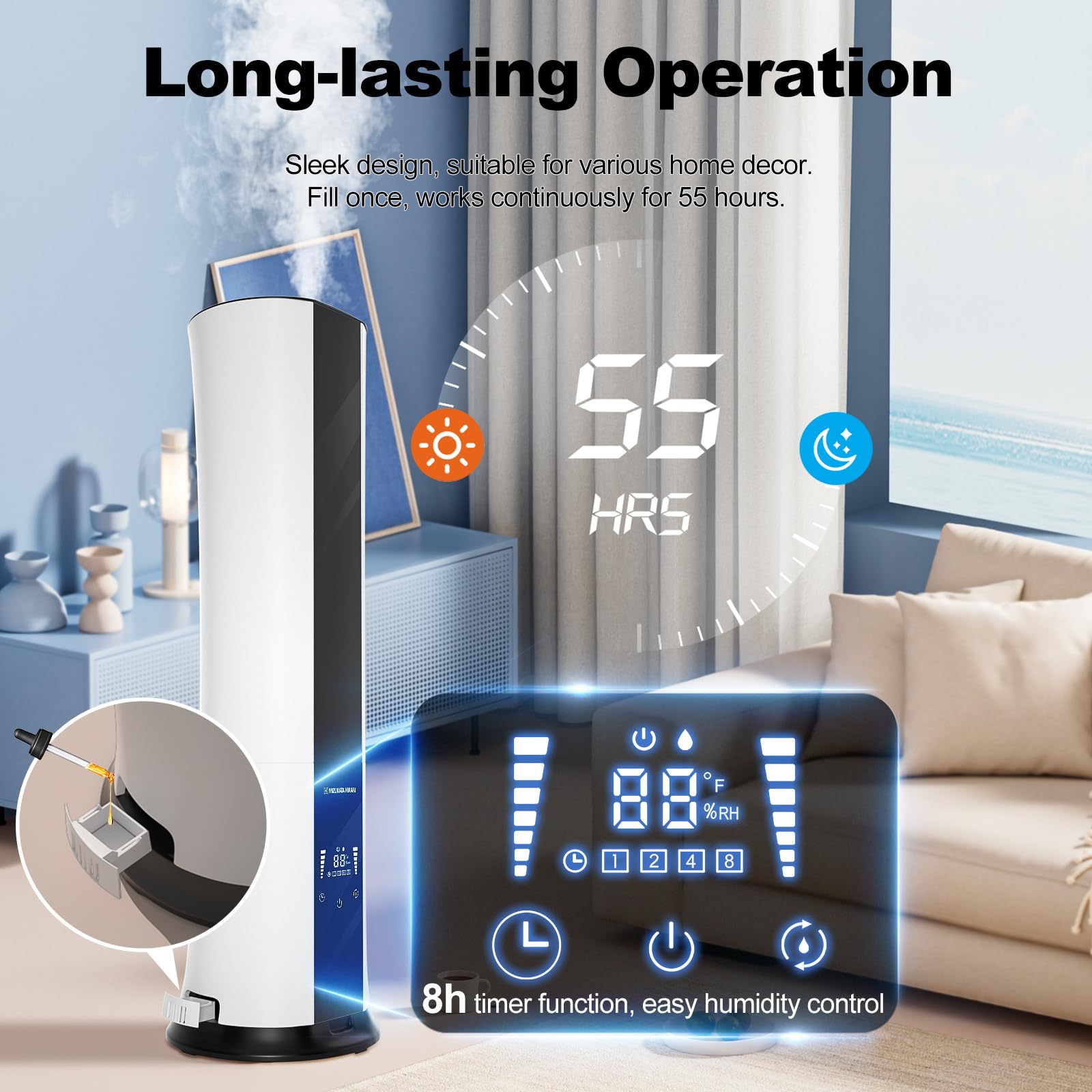 MIZUKATA HIKARI 6.5L Top-Fill Cool Mist Humidifier for large room/bedroom, Touch Screen, 55-Hour Operation, 8-Hour Timer, 3-Level Adjustable Mist, Auto Shutdown, Quiet Operation, Versatile Design