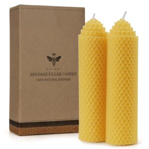 beeswax pillar candles set of 2 - handmade pure beeswax rolled candles for gift & home decor (1.5×6 in)