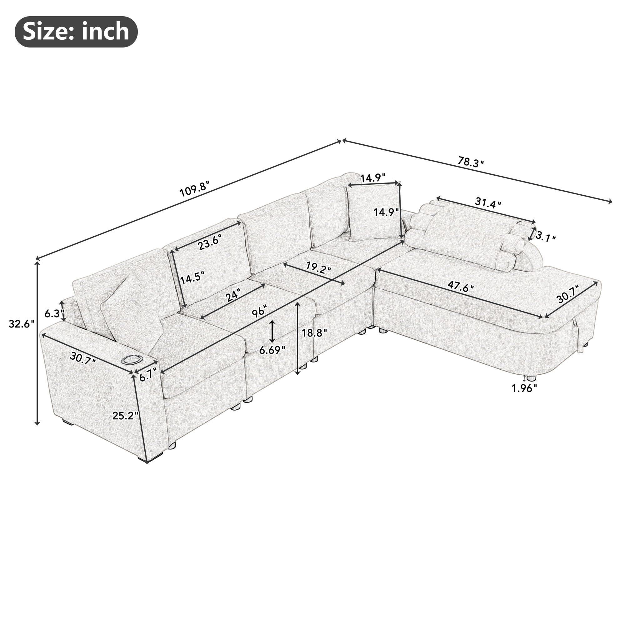 Modern L-Shape Sectional Couch with Storage Chaise,Cup Holder and USB Ports, Reversible Sleeper Sofa for Living Room Black