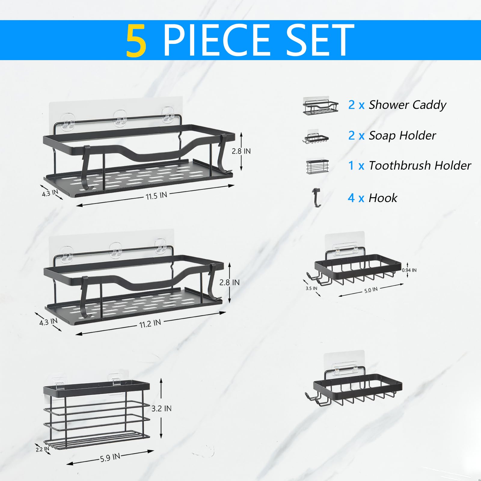 MeimeiDe Shower Caddy Organizer Adhesive No Drilling Stainless Bathroom Shower Shelves Rustproof Metal Tray for Shower Organizer Home Decor Bathroom Accessories Pack of 5