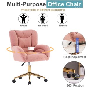 Anewome Swivel Office Desk Chair with Wheels Upholstered Sherpa Desk Modern Armchair Height Adjustable Computer Task Chair Boucle Makeup Vanity Desk with Gold Metal Frame, 38.2" H Pink