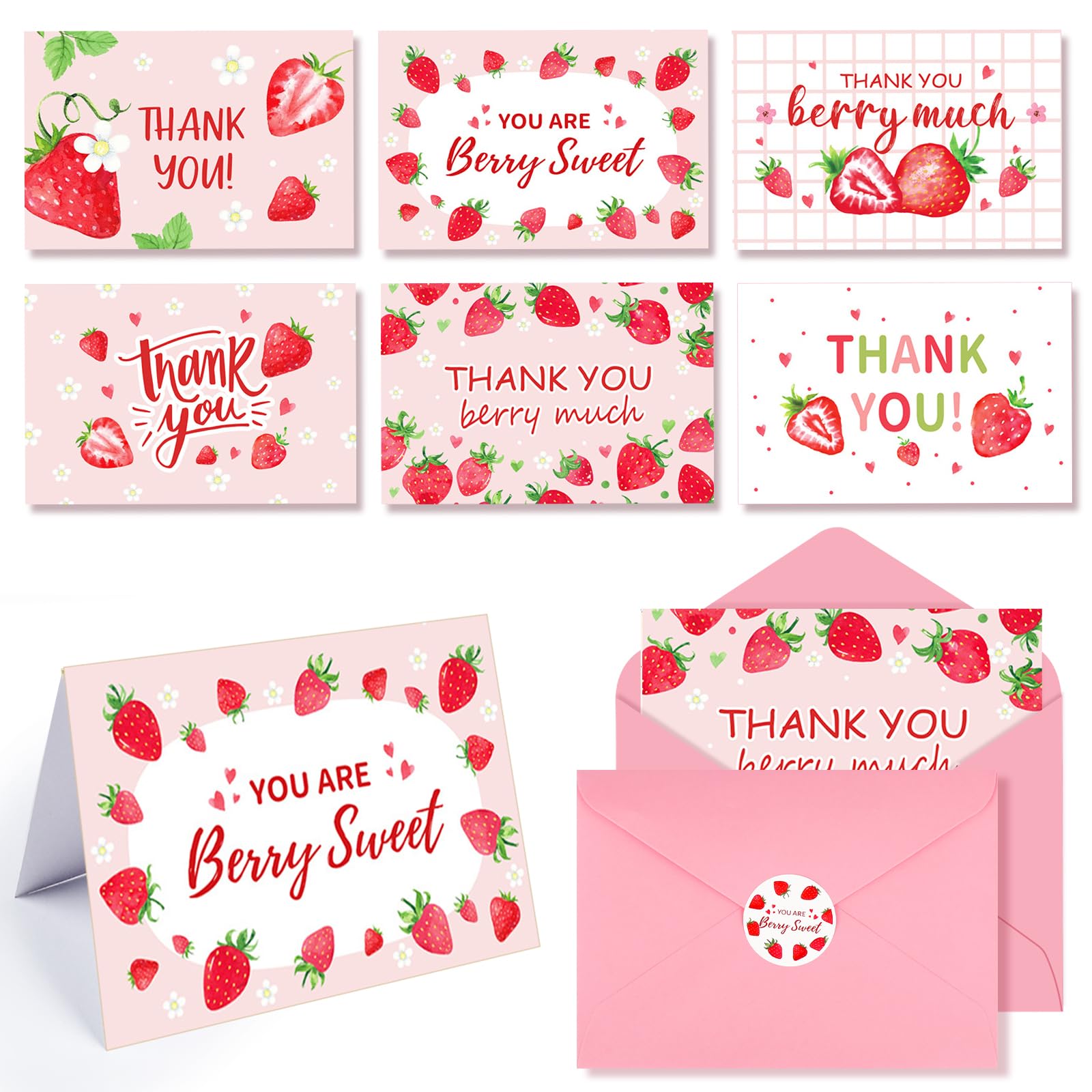 Konsait Strawberry Thank You Cards, 24 Pack Strawberry Theme Thank You Cards with Envelopes and Stickers, 6 Design Thank You Greeting Cards for Baby Shower Bridal Shower Wedding