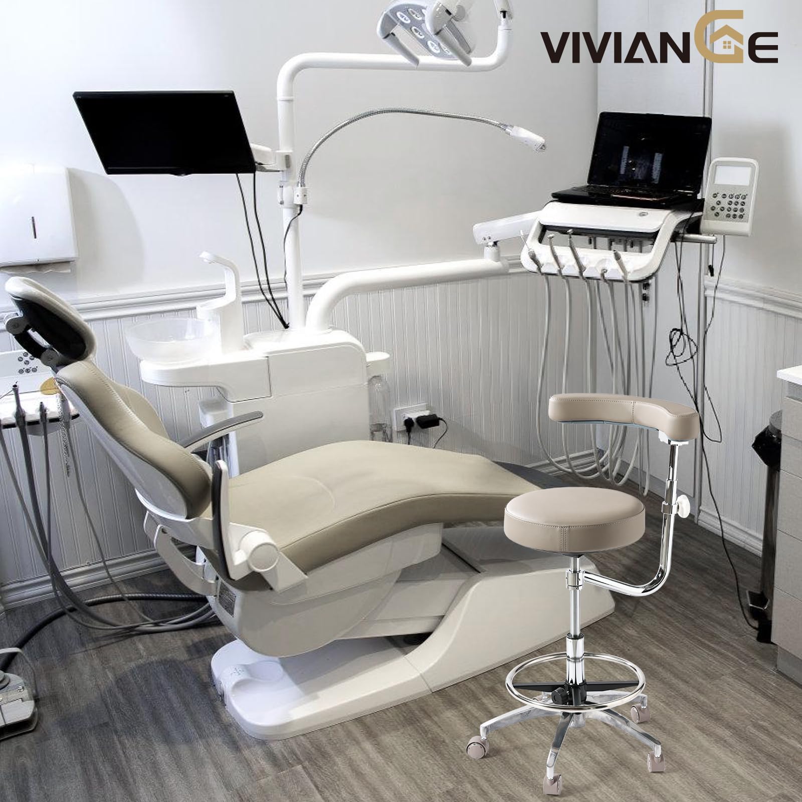 Viviange Ergonomic Dental Stool with Adjustable Height & Rolling Base - Comfortable Dentist Chair for Hygienists, Assistants, & Medical Professionals - Grey