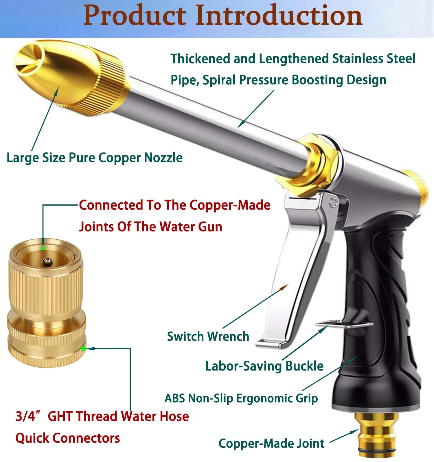 Upgrade Garden Hose Nozzle,100% Heavy Duty Metal Spray Gun With Full Brass Nozzle,High Pressure Water Hose Nozzle Sprayer Head,3/4" Quick Connectors,for Lawn & Garden,Washing Cars,Showering Dogs&Pets