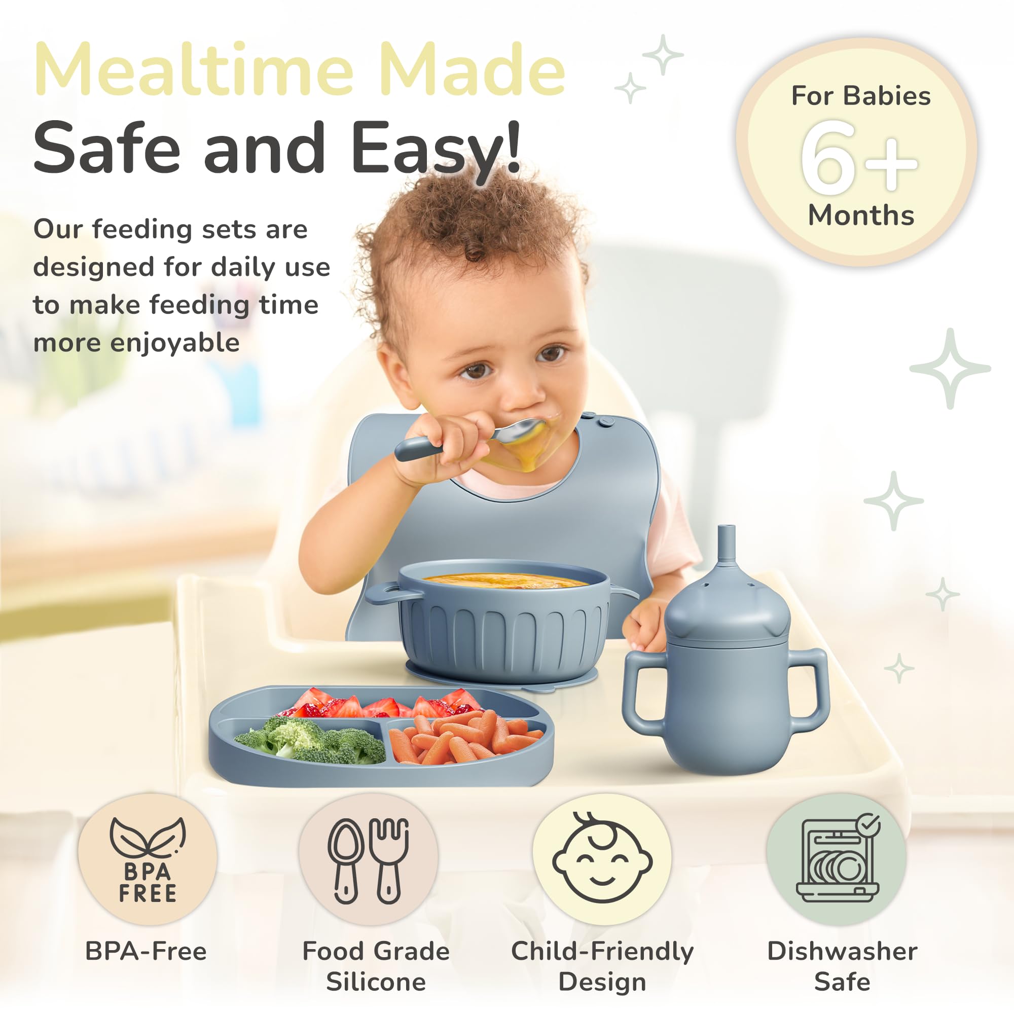 mimi & kiki BPA-Free Silicone Baby Feeding Set, Baby Plates and Bowls Set, Baby Led Weaning Supplies, Silicone Suction Plate, Baby Utensils, Bib and Cup, Self Feeding, Dishwasher Safe (Blue)