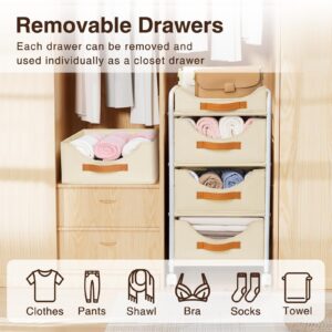 DIMJ Clothes Drawer 4 Tier - Fabric Closet Drawer System Easy Pull, Portable Closet Drawers for Clothes with Wheels, Small Closet Organizer & Replacement Drawers for Bedrooms, Office, Nursery, Beige