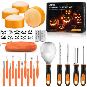 luditek pumpkin carving kit, 17 pcs professional stainless steel pumpkin carving tools with 4 electronic candles lights and 10 stencils, halloween gifts jack-o-lanterns cutting for adults kids