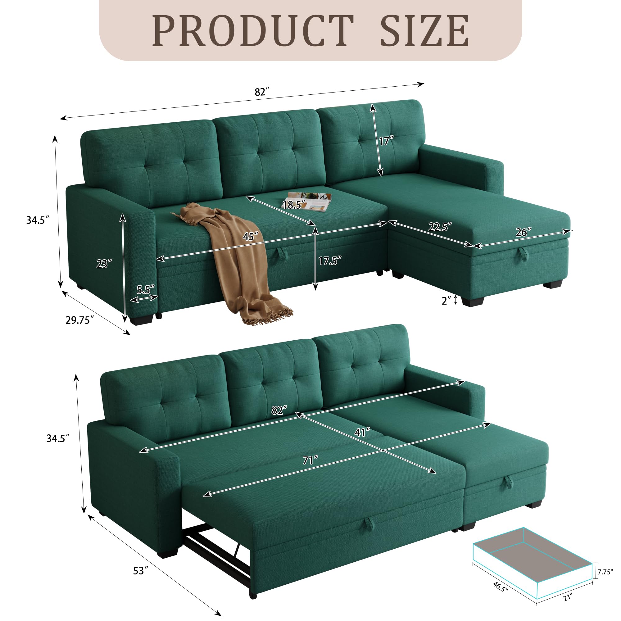 Acosure 82" Sectional Sleeper Sofa with Storage Chaise & Pull-Out Bed,L-Shape Convertible 3 Seater Couch W/Tufted Backrest,Reversible Sleeper for Living Room Apartment Office,Green