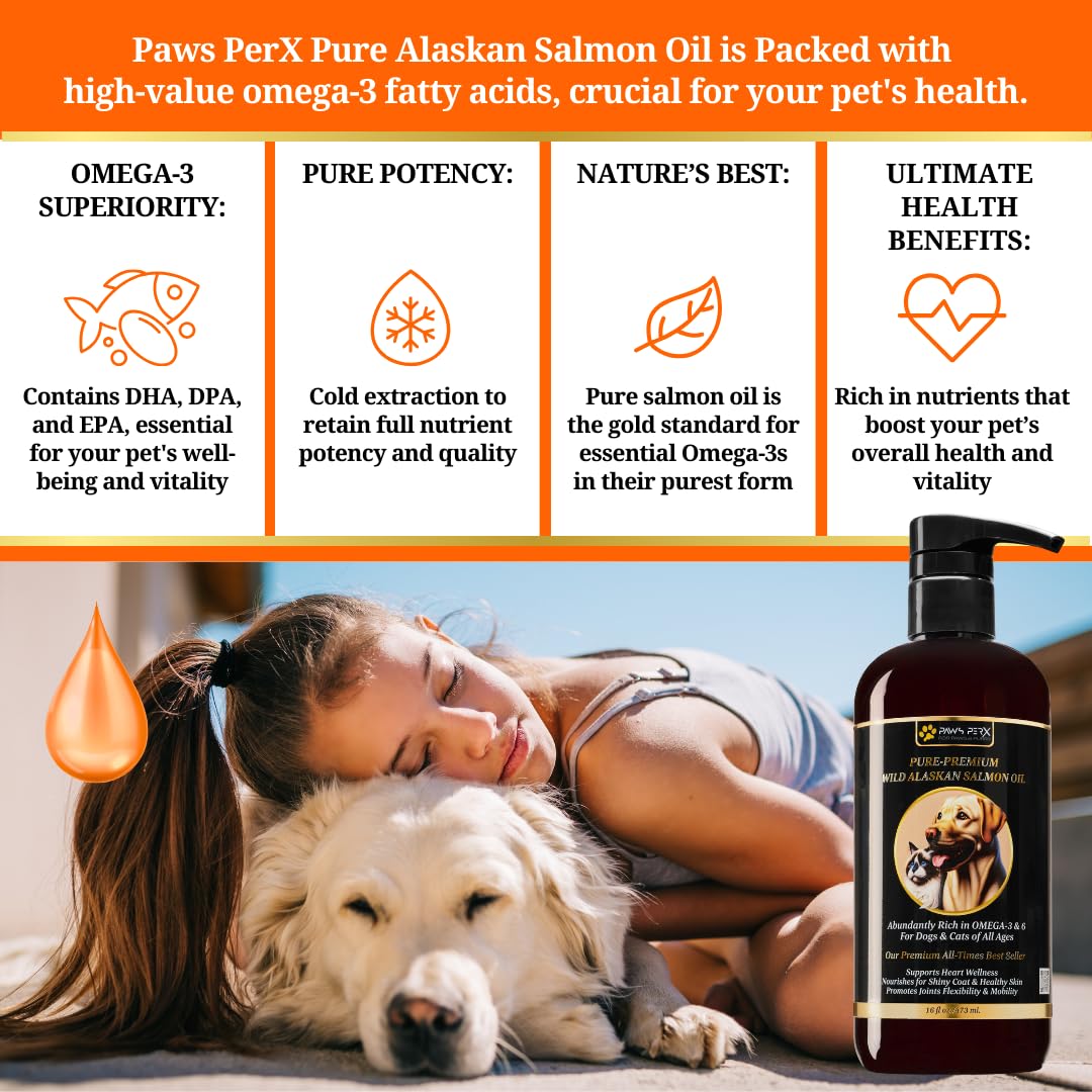 Paws PerX, Human Grade, Naturally Caught, Pure-Premium Wild Alaskan Salmon Oil for Dogs & Cats; Rich in Omega-3 EPA and DHA Fatty Acids; (One, 16 fl oz Bottle)