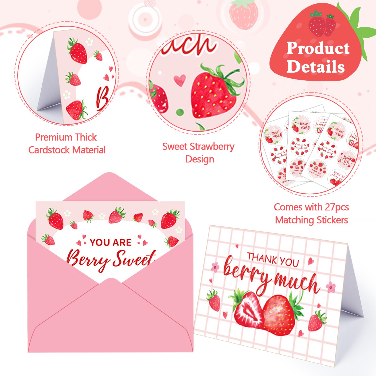 Konsait Strawberry Thank You Cards, 24 Pack Strawberry Theme Thank You Cards with Envelopes and Stickers, 6 Design Thank You Greeting Cards for Baby Shower Bridal Shower Wedding