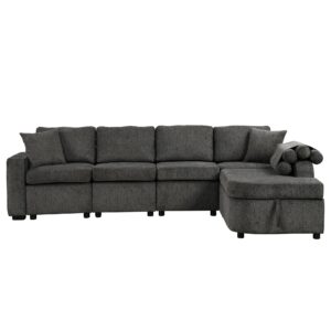 Modern L-Shape Sectional Couch with Storage Chaise,Cup Holder and USB Ports, Reversible Sleeper Sofa for Living Room Black