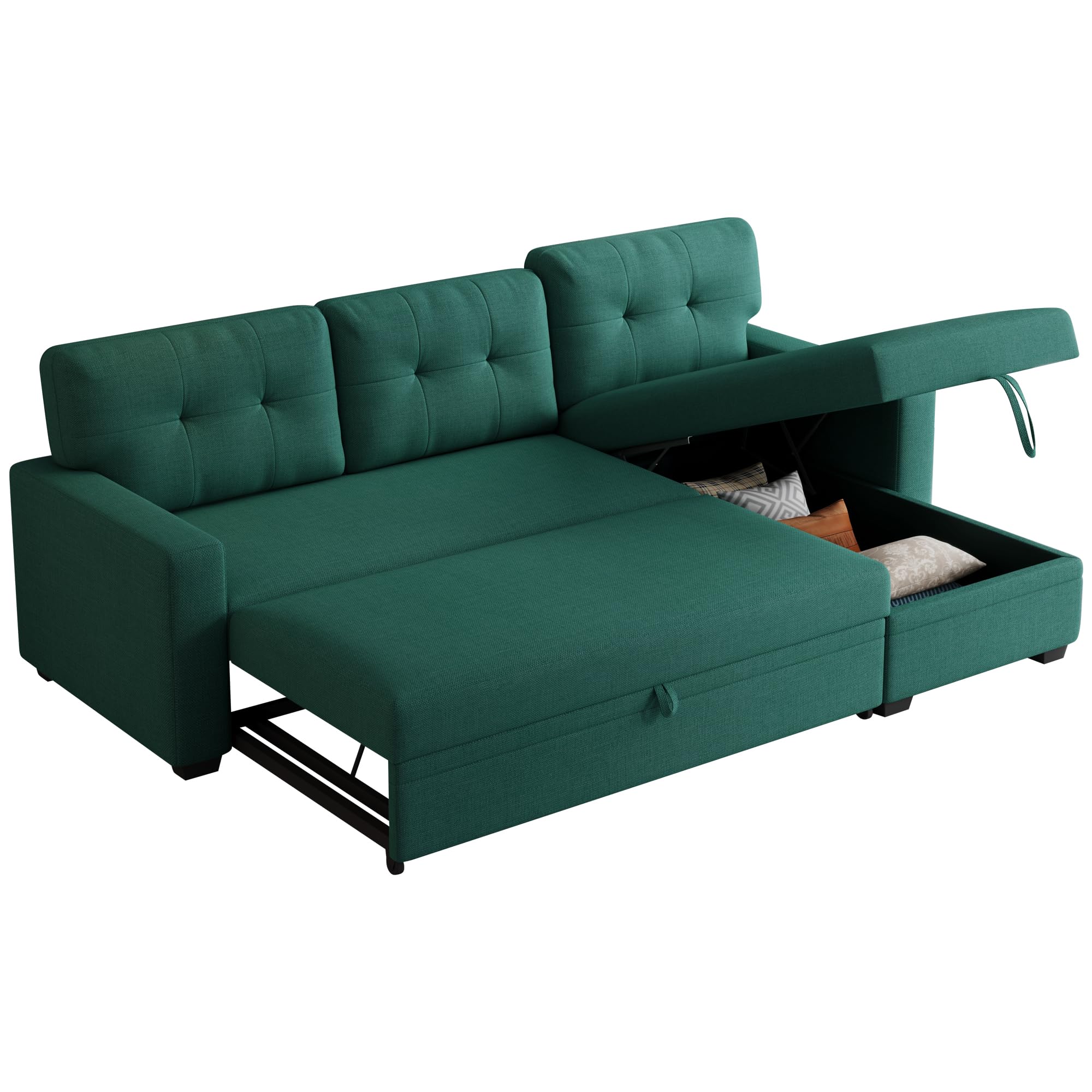 Acosure 82" Sectional Sleeper Sofa with Storage Chaise & Pull-Out Bed,L-Shape Convertible 3 Seater Couch W/Tufted Backrest,Reversible Sleeper for Living Room Apartment Office,Green