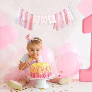 Pink Bow One High Chair Banner - One High Chair Bow Banner,Pink Bow Birthday Decoration,Pink Ribbon Girl 1st Birthday