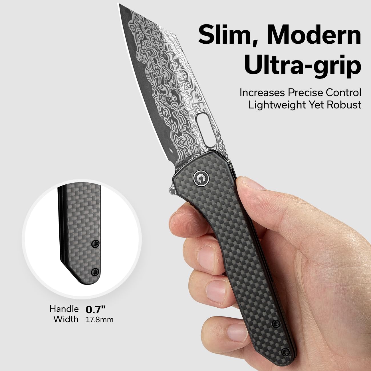 CIVIVI Nugz Folding Pocket Knife for EDC, 3.17" Damascus Reverse Tanto Blade Twill Carbon Fiber Overlay on Black G10 Handle Flipper Knife for Ideal Gift to Men Women C23060-DS1 (Black)