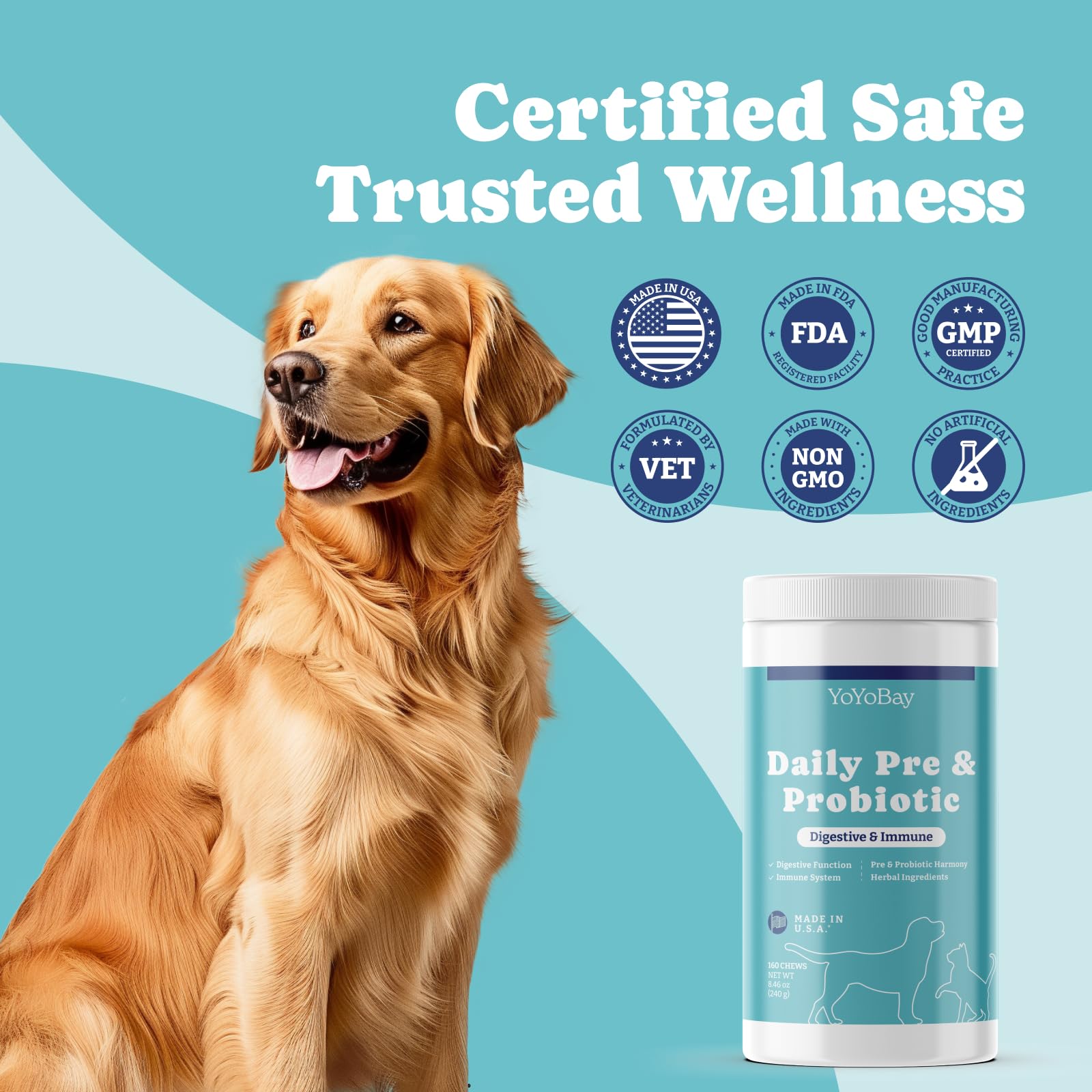 Probiotics for Dogs, Daily Dog Probiotics and Prebiotics, for Gut Health and Digestive Health, Support Immune System, Yeast Balance, Maintain Skin & Coat Health, Duck Flavor, 160 Soft Chews