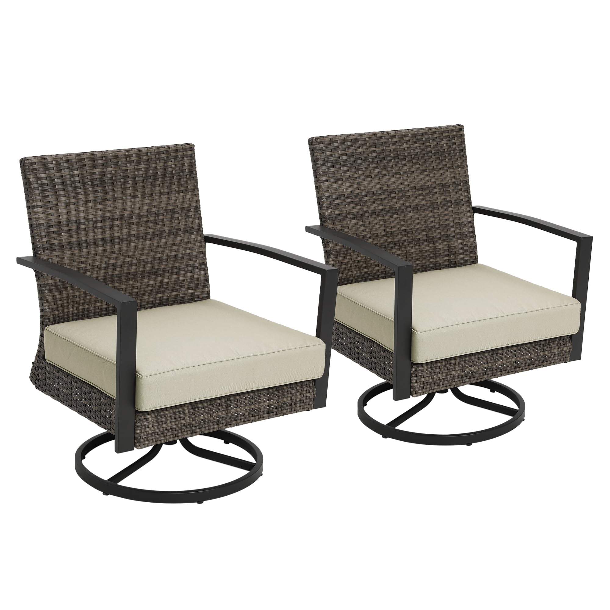 RoyalCraft Patio Swivel Dining Chairs with 360-Degree Rotating, All Weather Rattan Chairs with Water-Resistant Cushions & Metal Frame, Modern Outdoor Rocking Chair for Porch, Bistro, Balcony, Beige